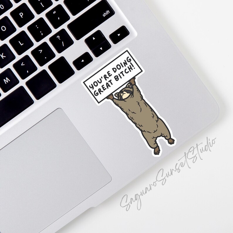May include: A sticker showing a cartoon raccoon holding a sign with the text "YOU'RE DOING GREAT BITCH!". The raccoon is brown and white, and the sign is white with black text. The sticker is placed on a laptop.
