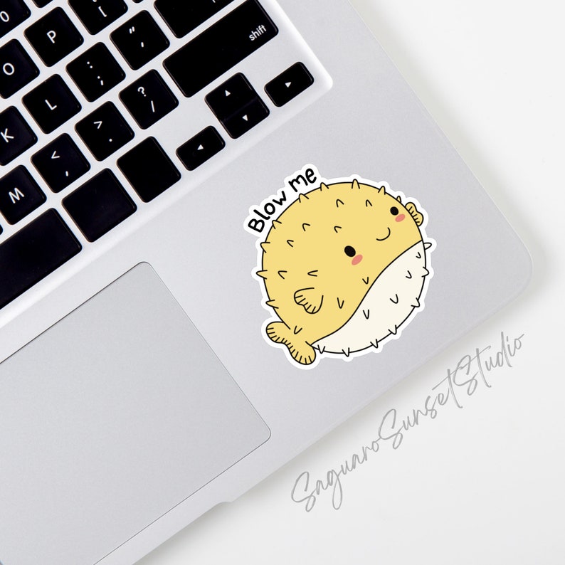 May include: A yellow and white cartoon pufferfish with a smiling face and the text "Blow me" above it. The sticker is on a silver laptop.