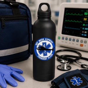K&ouml;nnte beinhalten: Eine mattschwarze Wasserflasche mit einem runden Aufkleber, der ein blaues Star of Life-Emblem, eine schwarze Hubschraubersilhouette und den wei&szlig;en Text "HOT MESS EXPRESS FREQUENT FLYER" in einem kreisf&ouml;rmigen Rand um das Motiv zeigt.