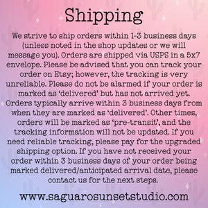 May include: A digital graphic with a pink and blue gradient background featuring a repeating cactus pattern. The text reads Shipping, followed by detailed text regarding order processing, USPS delivery, tracking limitations, and the website address.