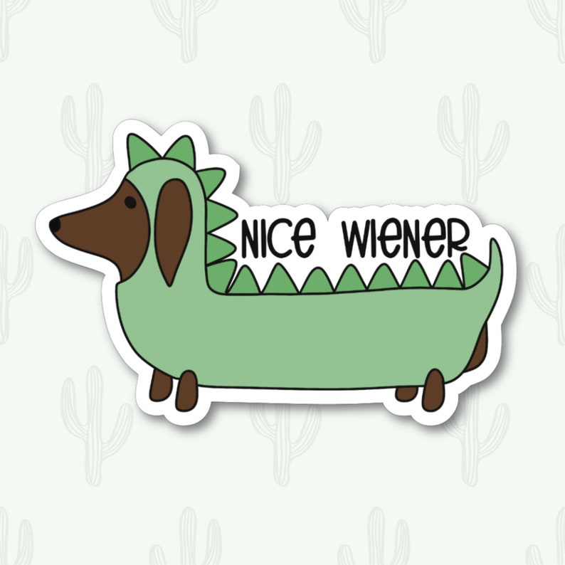 May include: A green dinosaur costume with a brown dachshund head and the text "nice wiener" on the back.