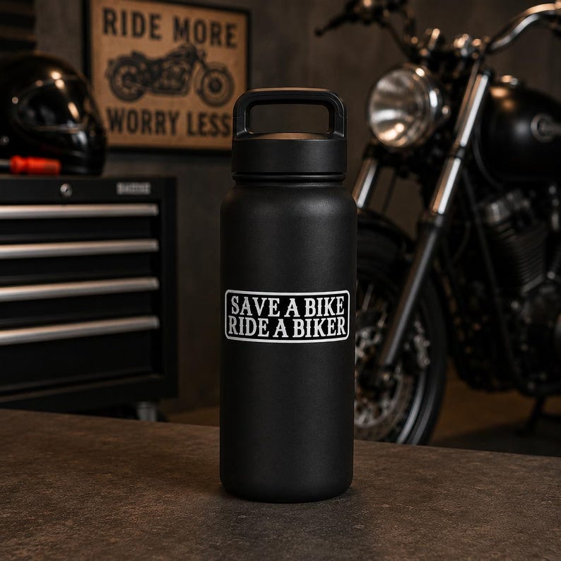 May include: A matte black insulated water bottle with a handle on the lid. The front of the bottle features a white rectangular sticker with black text that reads, "SAVE A BIKE RIDE A BIKER," printed in a bold, sans-serif, all-caps font style.
