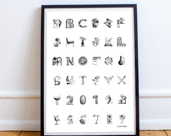 Illustrated Alphabet Print | Type Illustration | ABC Print | Alphabet Poster | Black and White Art Print | A3 Unframed