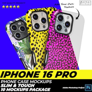 iPhone 16 Pro Case Mockups 10 Szenen in einem Projekt - iPhone 16 Pro Snap Case Mockup, iPhone 16 Pro Tough Case Mockup, Tough Case Vorlage