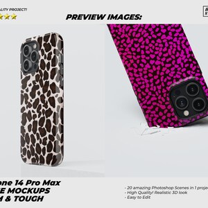May include: Two iPhone 14 Pro Max phone case mockups. One case has a brown and white animal print design. The other case has a pink and black animal print design. Both cases are shown on a white background.