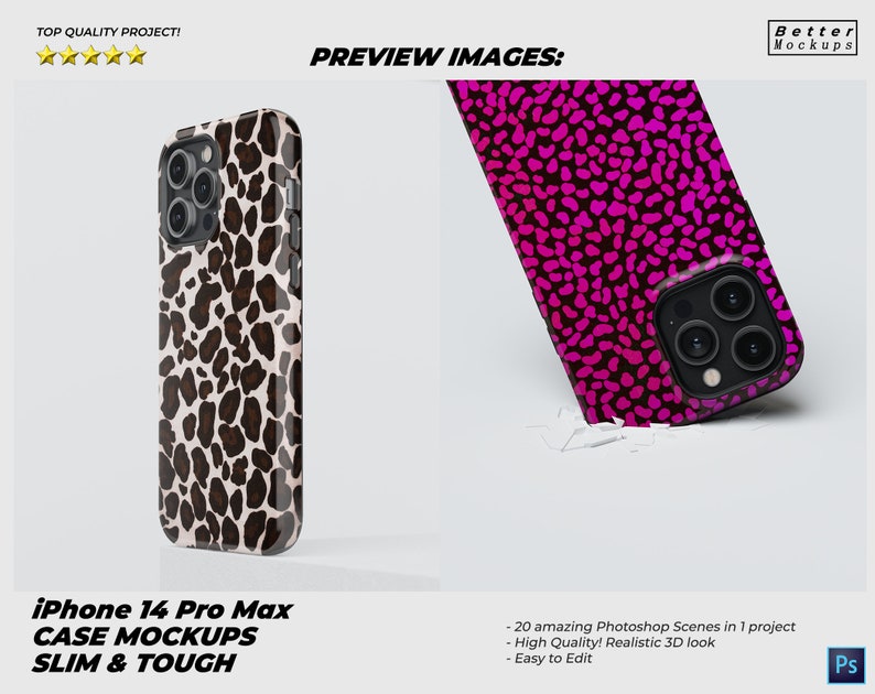 May include: Two iPhone 14 Pro Max phone case mockups. One case has a brown and white animal print design. The other case has a pink and black animal print design. Both cases are shown on a white background.