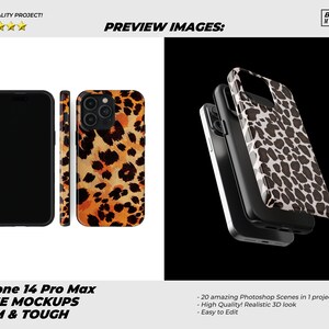May include: Mockup of an iPhone 14 Pro Max case with a leopard print design. The case is shown in a 3D rendering, with the phone case separated into its individual pieces. The text "iPhone 14 Pro Max CASE MOCKUPS SLIM & TOUGH" is displayed below the image.