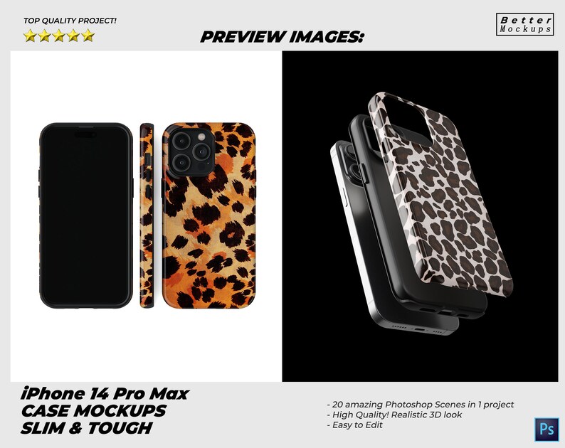 May include: Mockup of an iPhone 14 Pro Max case with a leopard print design. The case is shown in a 3D rendering, with the phone case separated into its individual pieces. The text "iPhone 14 Pro Max CASE MOCKUPS SLIM & TOUGH" is displayed below the image.