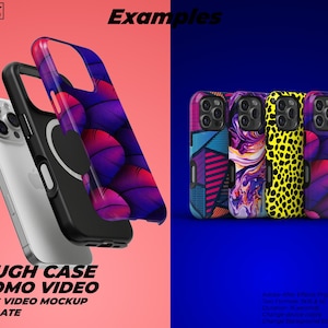 May include: A mockup of a phone case with a variety of colourful designs. The case is shown on a phone with a white background. The text "Tough Case Promo Video" is displayed below the phone.