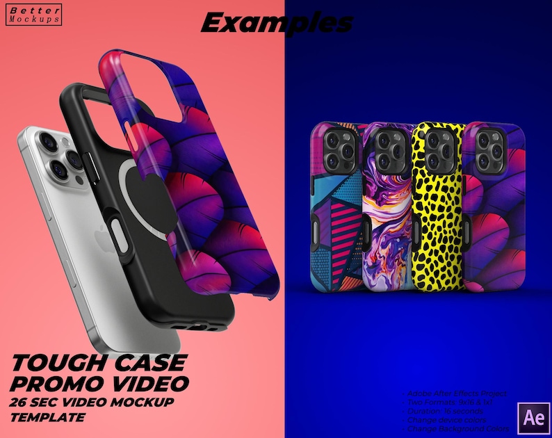 May include: A mockup of a phone case with a variety of colourful designs. The case is shown on a phone with a white background. The text "Tough Case Promo Video" is displayed below the phone.