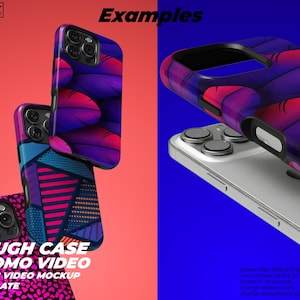 May include: A mockup of a phone case with a variety of designs. The phone case is a tough case and is shown in a 26 second video mockup. The text "Tough Case Promo Video" is displayed on the image.