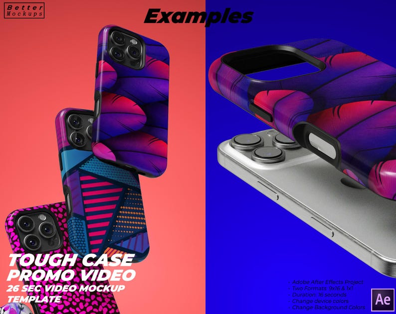 May include: A mockup of a phone case with a variety of designs. The phone case is a tough case and is shown in a 26 second video mockup. The text "Tough Case Promo Video" is displayed on the image.