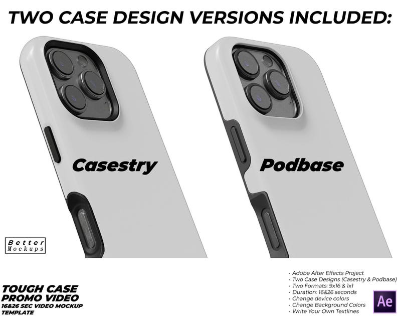 May include: Two white phone cases with black trim and camera cutouts. The cases have the text "Casestry" and "Podbase" printed on them. The image is a mockup for a video template for creating phone case promo videos.