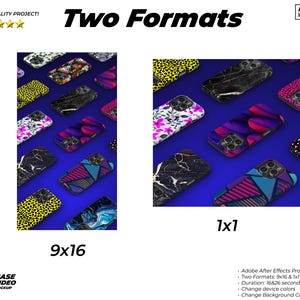 May include: Two phone case mockups with different designs. The left mockup is in a 9x16 format and the right mockup is in a 1x1 format. The phone cases have various colourful patterns, including marble, floral, and geometric designs. The text "Two Formats" is at the top of the image.