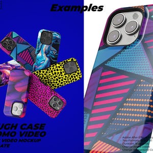 May include: A mockup template for a 26-second video showcasing a tough phone case with various colourful designs. The text "Tough Case Promo Video" is displayed on a blue background.