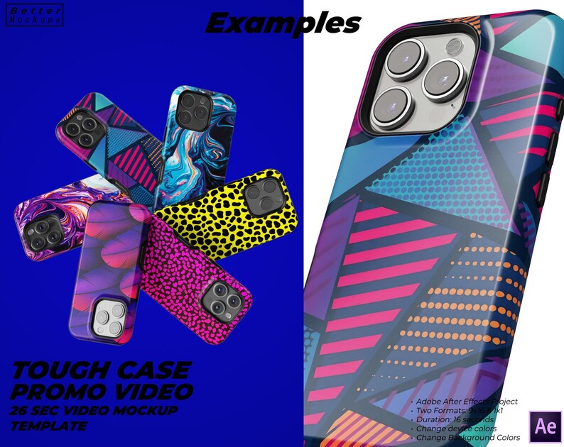 May include: A mockup template for a 26-second video showcasing a tough phone case with various colourful designs. The text "Tough Case Promo Video" is displayed on a blue background.