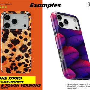 May include: Two iPhone 17 Pro phone case mockups. One case features a leopard print design in shades of orange, brown, and black. The other case has a purple and pink feather design. Text on the image reads "IPHONE 17PRO PHONE CASE MOCKUPS SLIM & TOUGH VERSIONS IN EVERY SCENE."