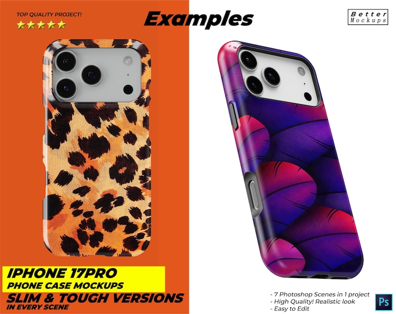 May include: Two iPhone 17 Pro phone case mockups. One case features a leopard print design in shades of orange, brown, and black. The other case has a purple and pink feather design. Text on the image reads "IPHONE 17PRO PHONE CASE MOCKUPS SLIM & TOUGH VERSIONS IN EVERY SCENE."