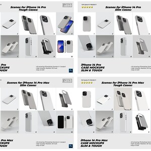 May include: Mockup scenes for iPhone 14 Pro and iPhone 14 Pro Max phone cases. The scenes show different angles of the phones with both slim and tough cases. The text "iPhone 14 Pro Case Mockups Slim & Tough" and "iPhone 14 Pro Max Case Mockups Slim & Tough" is displayed on the image.