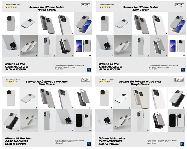 May include: Mockup scenes for iPhone 14 Pro and iPhone 14 Pro Max phone cases. The scenes show different angles of the phones with both slim and tough cases. The text "iPhone 14 Pro Case Mockups Slim & Tough" and "iPhone 14 Pro Max Case Mockups Slim & Tough" is displayed on the image.