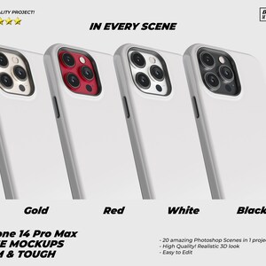 May include: Four iPhone 14 Pro Max phone cases in gold, red, white, and black. The cases are slim and tough. The image includes the text "iPhone 14 Pro Max CASE MOCKUPS SLIM & TOUGH".