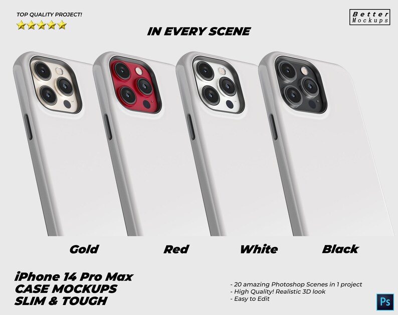 May include: Four iPhone 14 Pro Max phone cases in gold, red, white, and black. The cases are slim and tough. The image includes the text "iPhone 14 Pro Max CASE MOCKUPS SLIM & TOUGH".