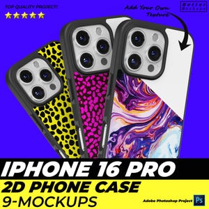 May include: Three iPhone 16 Pro phone cases with different designs. One case has a yellow leopard print, another has a pink dotted pattern, and the third features a colorful abstract design. The cases are black with a white border. Text on the image reads "IPHONE 16 PRO 2D PHONE CASE 9-MOCKUPS".