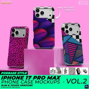 Könnte beinhalten: iPhone 17 Pro Max Handyhüllen-Mockups in verschiedenen Designs. Die Hüllen zeigen Muster wie pinkfarbenen Leopardenmuster, lila Federn und geometrische Formen. Der Text lautet "PODBASE STYLE IPHONE 17 PRO MAX PHONE CASE MOCKUPS - VOL.2".