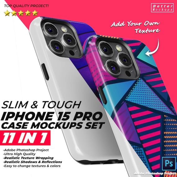 iPhone 15 Pro Case Mockup – Slim & Tough, Sublimation Template (PSD)