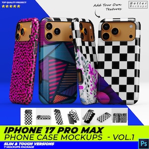 以下が含まれることがあります： iPhone 17 Pro Maxの携帯電話ケースのモックアップのコレクション。ケースには、ピンクのドット柄、幾何学模様、花柄、白黒のチェッカーボードなど、さまざまなデザインが施されています。「IPHONE 17 PRO MAX PHONE CASE MOCKUPS - VOL.1」というテキストが表示されています。