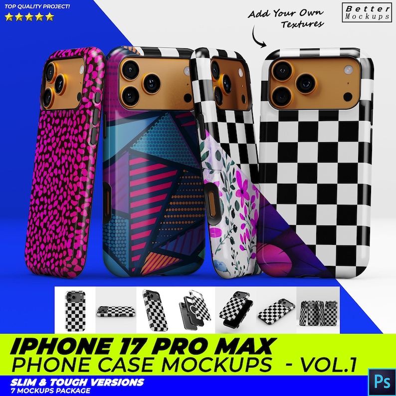 May include: A collection of iPhone 17 Pro Max phone case mockups. The cases feature various designs, including a pink dotted pattern, geometric shapes, floral prints, and a black and white checkerboard. The text "IPHONE 17 PRO MAX PHONE CASE MOCKUPS - VOL.1" is visible.