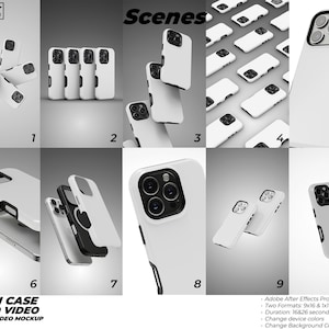 May include: Ten different mockups of a white iPhone case with a black camera lens. The case is shown in various positions and angles. The text "Tough Case Promo Video" is at the bottom of the image.
