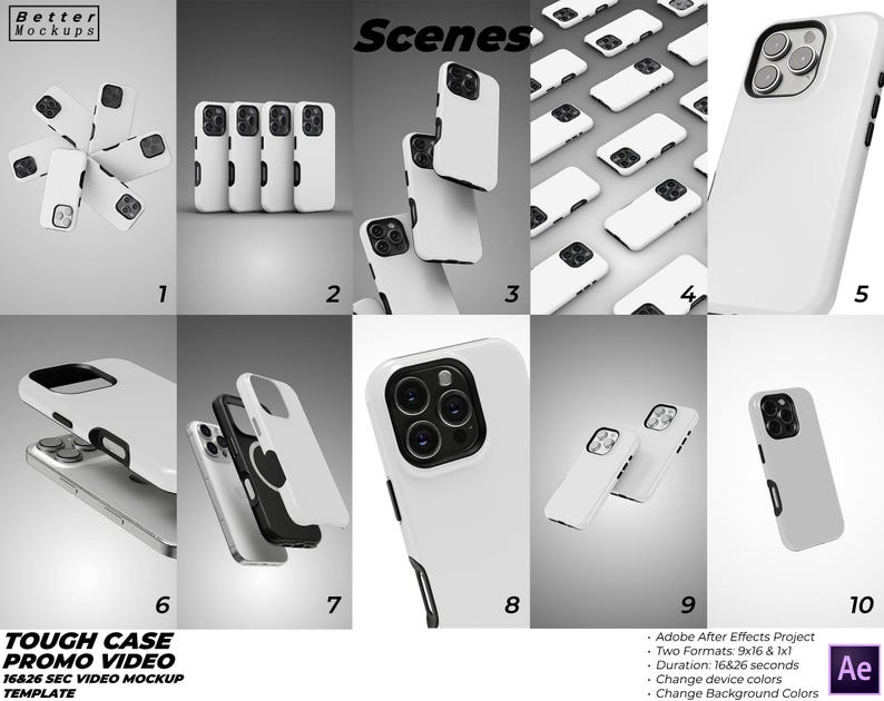 May include: Ten different mockups of a white iPhone case with a black camera lens. The case is shown in various positions and angles. The text "Tough Case Promo Video" is at the bottom of the image.
