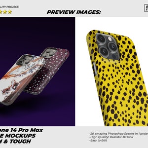 May include: Two iPhone 14 Pro Max phone cases. One case has a marble design with white, brown, and gray colors. The other case has a yellow background with black spots. The text "iPhone 14 Pro Max CASE MOCKUPS SLIM & TOUGH" is at the bottom of the image.
