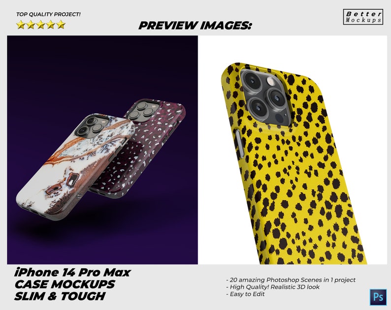 May include: Two iPhone 14 Pro Max phone cases. One case has a marble design with white, brown, and gray colors. The other case has a yellow background with black spots. The text "iPhone 14 Pro Max CASE MOCKUPS SLIM & TOUGH" is at the bottom of the image.
