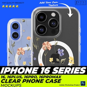 iPhone 16 Serie MagSafe klares TPU Case Mockup, iPhone Transparent Case Mockup, iPhone 16 Serie TPU Case Mockup, iPhone MagSafe Case Mockup