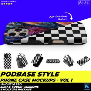 Peut inclure: Maquettes de coques de téléphone avec un motif à carreaux noir et blanc et un motif de plumes colorées. L'image comprend plusieurs vues de la coque, présentant son design et son style. Le texte sur l'image indique "PODBASE STYLE PHONE CASE MOCKUPS - VOL 1".