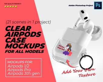 Clear Airpods Case Mockup Package 21 in 1, Sublimation Airpods Pro Clear Case Template, Airpods 3rd gen Clear Case Mockup, Photoshop Project