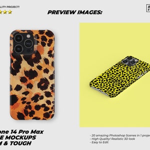 May include: Two iPhone 14 Pro Max phone cases, one with a leopard print and one with a black and yellow spotted print. The cases are shown on a white and yellow background. The text "iPhone 14 Pro Max CASE MOCKUPS SLIM & TOUGH" is at the bottom of the image.
