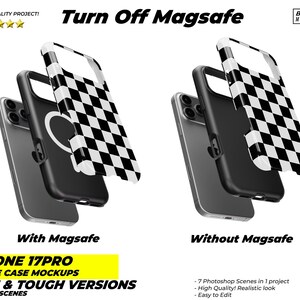 May include: A mockup showcasing iPhone 17 Pro phone cases, one with and one without Magsafe. The cases feature a black and white checkered design. The image includes the text "Turn Off Magsafe" and "Slim & Tough Versions".