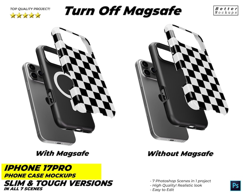 May include: A mockup showcasing iPhone 17 Pro phone cases, one with and one without Magsafe. The cases feature a black and white checkered design. The image includes the text "Turn Off Magsafe" and "Slim & Tough Versions".