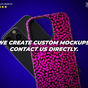 May include: A black phone case with a pink and black abstract pattern. The case is designed for a smartphone with a camera bump. The text "WE CREATE CUSTOM MOCKUPS. CONTACT US DIRECTLY." is visible in the image.