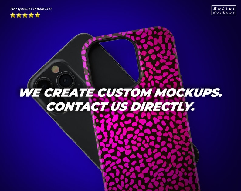 May include: A black phone case with a pink and black abstract pattern. The case is designed for a smartphone with a camera bump. The text "WE CREATE CUSTOM MOCKUPS. CONTACT US DIRECTLY." is visible in the image.