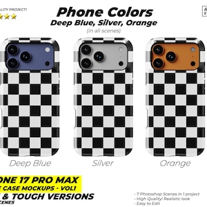 May include: Three iPhone 17 Pro Max phone case mockups in deep blue, silver, and orange. Each case features a black and white checkerboard pattern. The image includes text that reads "Phone Colors" and "Slim & Tough Versions."