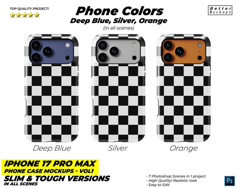 May include: Three iPhone 17 Pro Max phone case mockups in deep blue, silver, and orange. Each case features a black and white checkerboard pattern. The image includes text that reads "Phone Colors" and "Slim & Tough Versions."