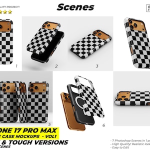 May include: A collection of iPhone 17 Pro Max phone case mockups. The cases feature a black and white checkered pattern. The cases are shown in various angles and arrangements. The text "Scenes", "iPhone 17 Pro Max", and "Slim & Tough Versions" are visible.
