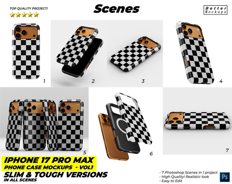 May include: A collection of iPhone 17 Pro Max phone case mockups. The cases feature a black and white checkered pattern. The cases are shown in various angles and arrangements. The text "Scenes", "iPhone 17 Pro Max", and "Slim & Tough Versions" are visible.
