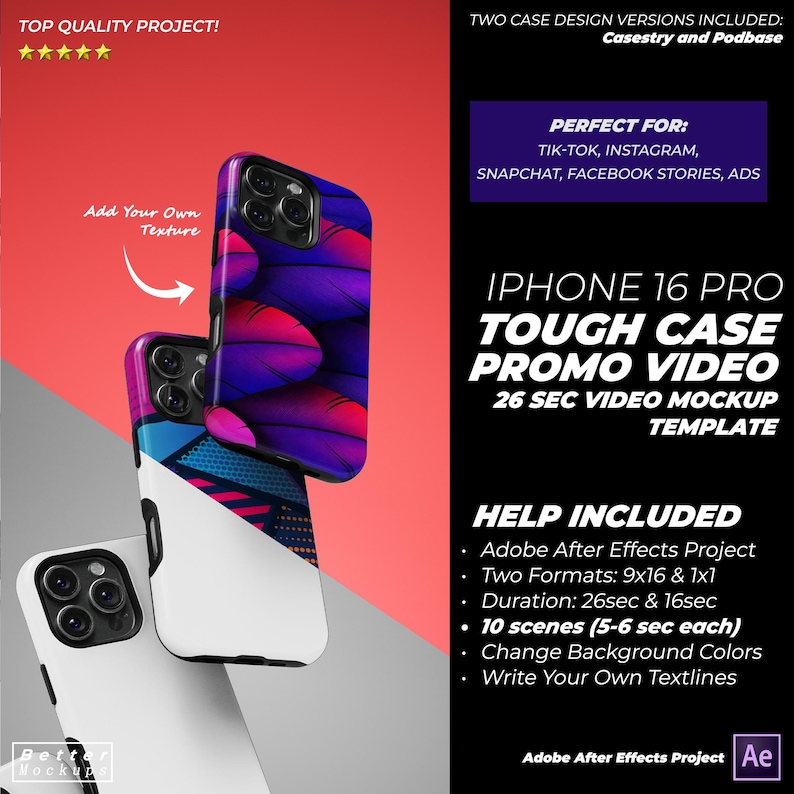 May include: A mockup template for a 26-second iPhone 16 Pro tough case promo video. The template includes 10 scenes, each lasting 5-6 seconds. The template allows for customization of background colours and text.
