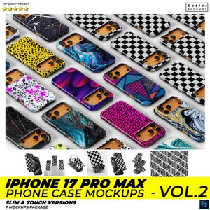 以下が含まれることがあります： iPhone 17 Pro Maxの携帯電話ケースモックアップのコレクション。ケースは、大理石、花柄、幾何学模様、抽象模様など、さまざまなデザインが特徴です。ケースの色は、黒、白、黄色、青、ピンクなどです。