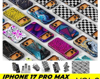May include: A collection of iPhone 17 Pro Max phone case mockups. The cases feature various designs, including marble, floral, geometric, and abstract patterns. The cases are in a variety of colors, including black, white, yellow, blue, and pink.